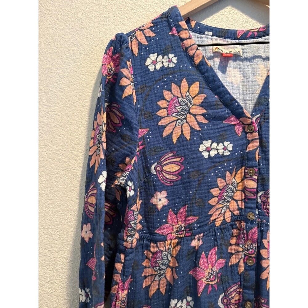 Marine Layer Willow Dress Womens XL Blue Floral 3/4 Sleeve Tiered Midi Cotton - Picture 2 of 7